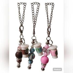 Starbucks Coffee Cup Keychain Trio with Brown, Blue, and Pink Accents